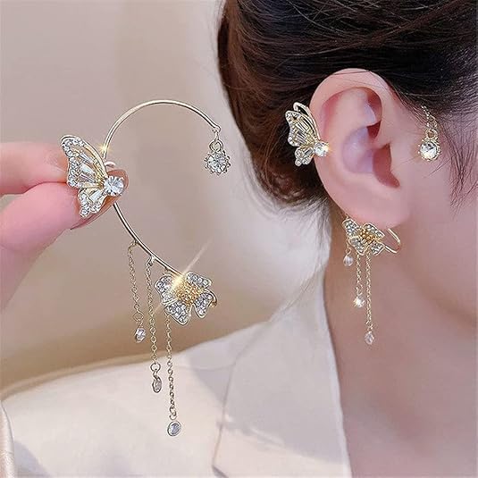 أقراط فراشة لامعة 💎 من الزركون بدون ثقب ✨ تصميم كوري يلتف حول الأذن بثبات وأناقة